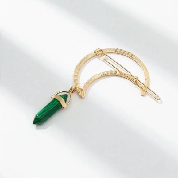 Cottagecore Crescent Moon Gold Hair Accessory with green dangling crystal - Picture 3 of 3